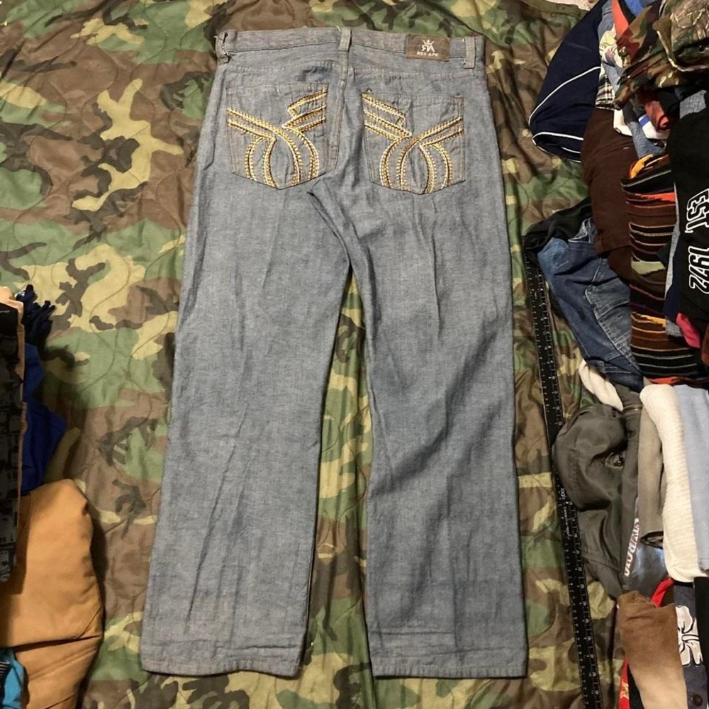 Red ape wide leg grey‎ baggy jeans tribal embroidery vtg y2k 38/32.5